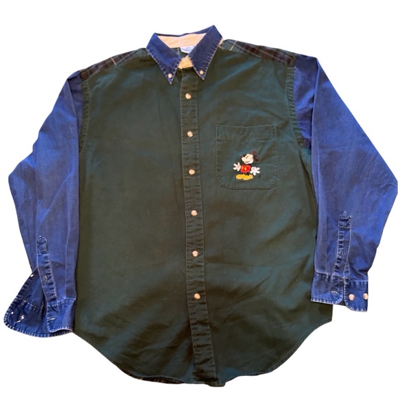 Vintage Disney Store Mickey Mouse Button Up Collar Shirt Green Blue Plaid - Picture 1 of 6